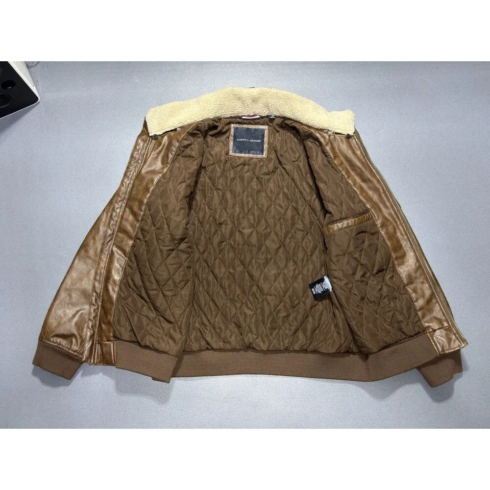 Tommy Hilfiger Faux Leather Bomber Jacket Mens XL Brown Fleece Collar Aviator